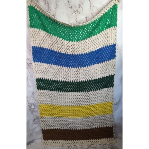 Vintage Crochet Blanket Throw Afghan Retro Brown Yellow Cream Blue Boho Stripe - Picture 11 of 13